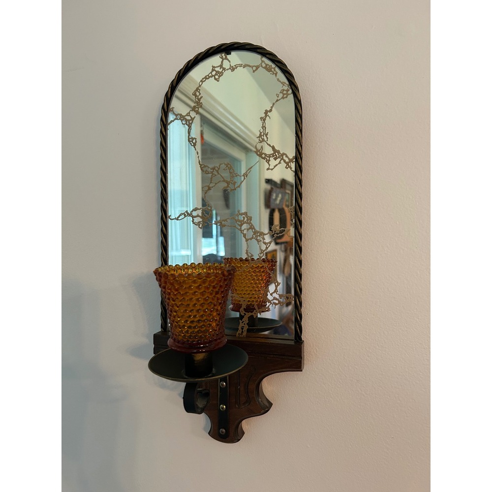 Vintage Wood Mirror Wall Sconce Candle Holder Amber Hobnail Glass Peg Votive